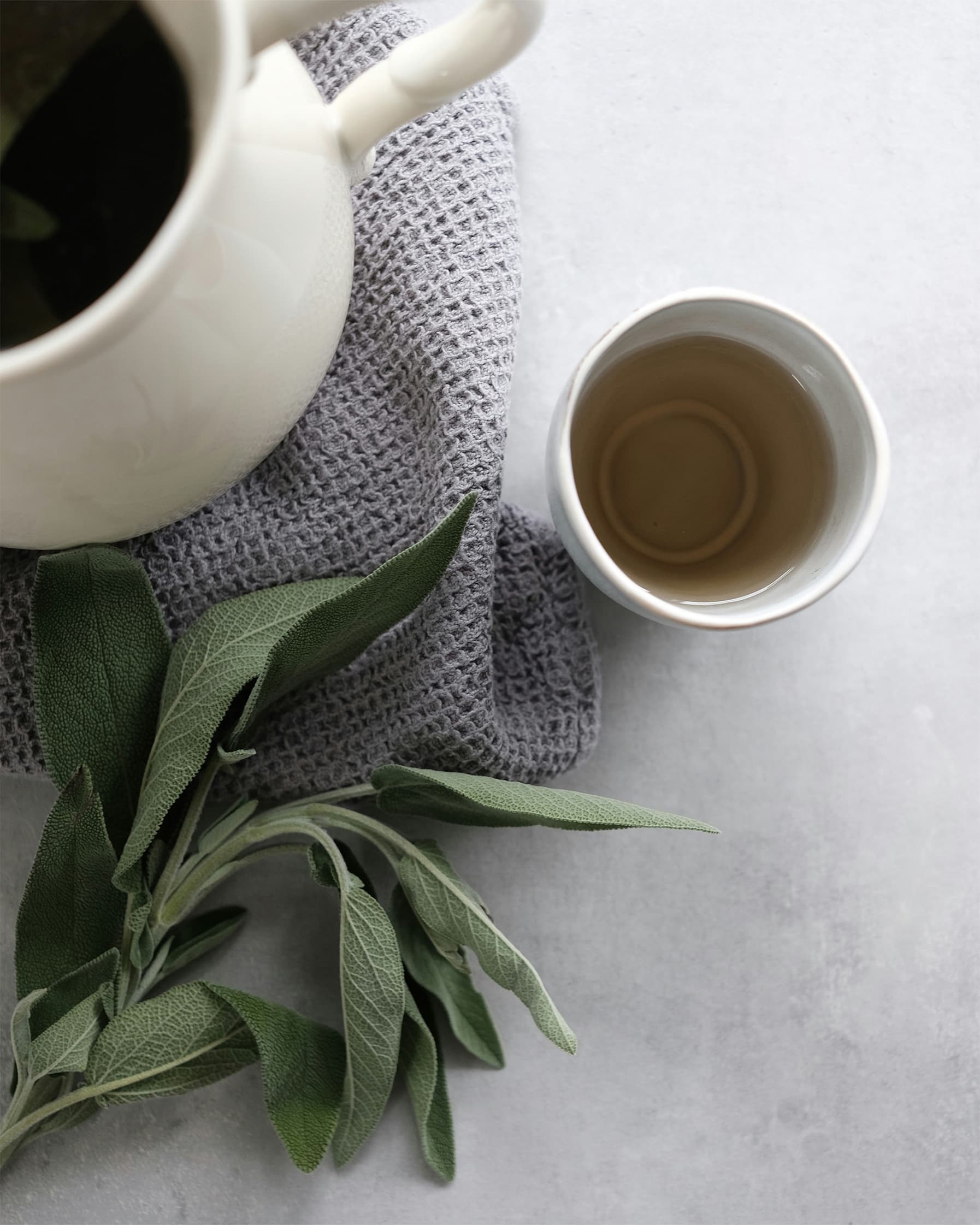 A teapot with a cup photographed from above